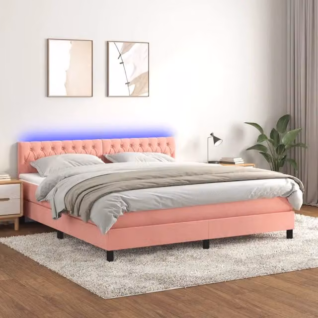 Letto matrimoniale con materasso ibrido vidaXL in velluto rosa e bianco con illuminazione LED sottostante e porta USB L/P/H: 203 x 180 x 88 cm – 1
