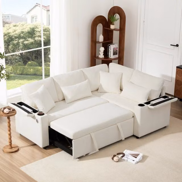 Divano angolare convertibile con contenitore portabicchieri USB e 4 cuscini in chenille beige 206,5 × 141 × 86 cm
