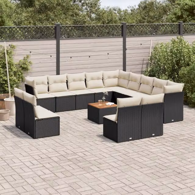 Set di Divani da Giardino VIDAXL a Forma di U in Polyrattan Nero con Cuscini, 14 Pezzi