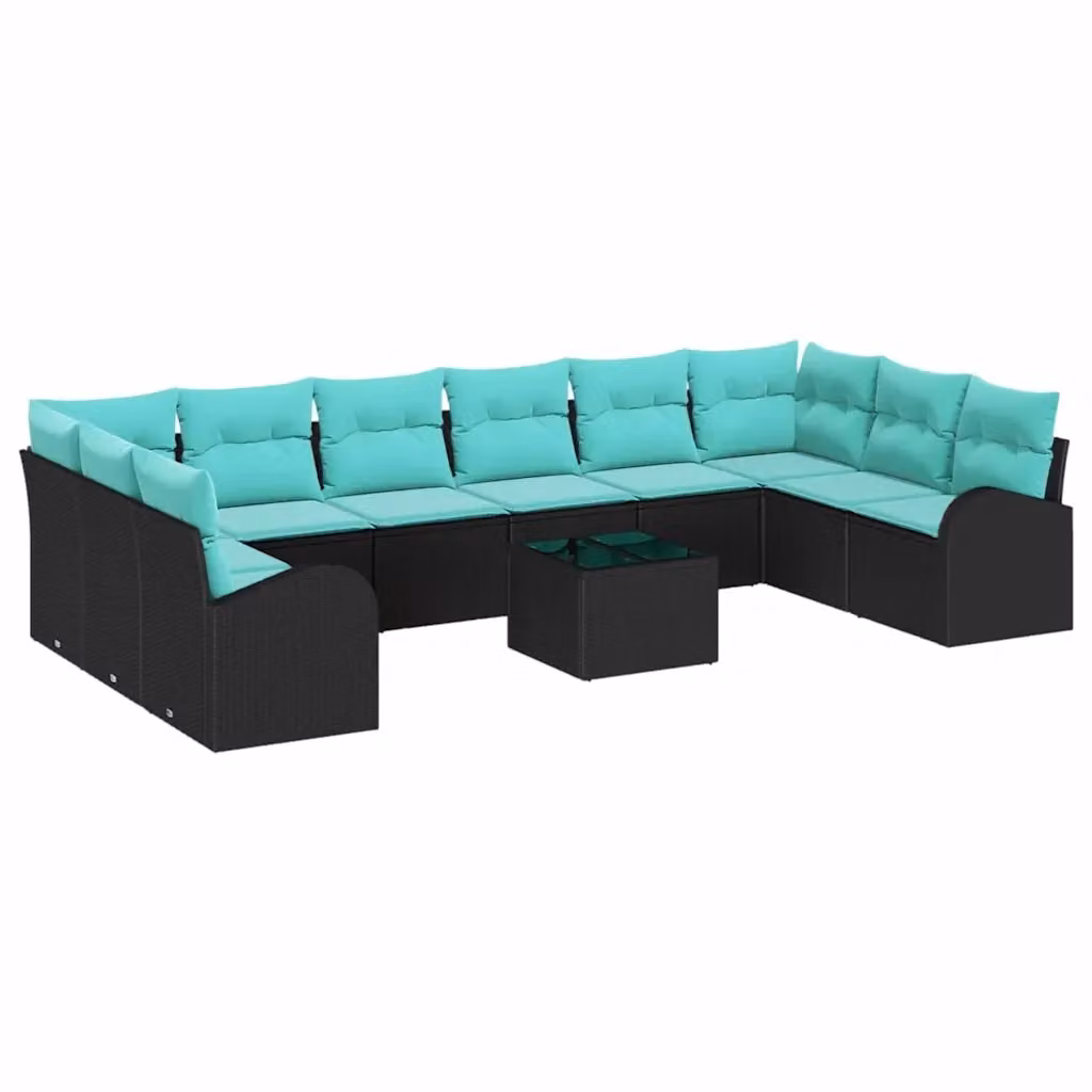 Set Divano da Giardino vidaXL a forma a U composto da 11 pezzi in Polyrattan con Cuscini Nero e Turchese – 2