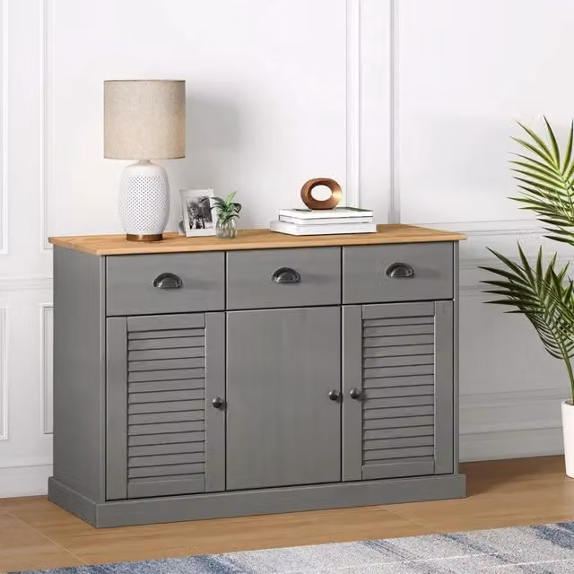 Credenza Cassetti VIGO 113x40x75 cm Legno Massello Pino Grigio 353192