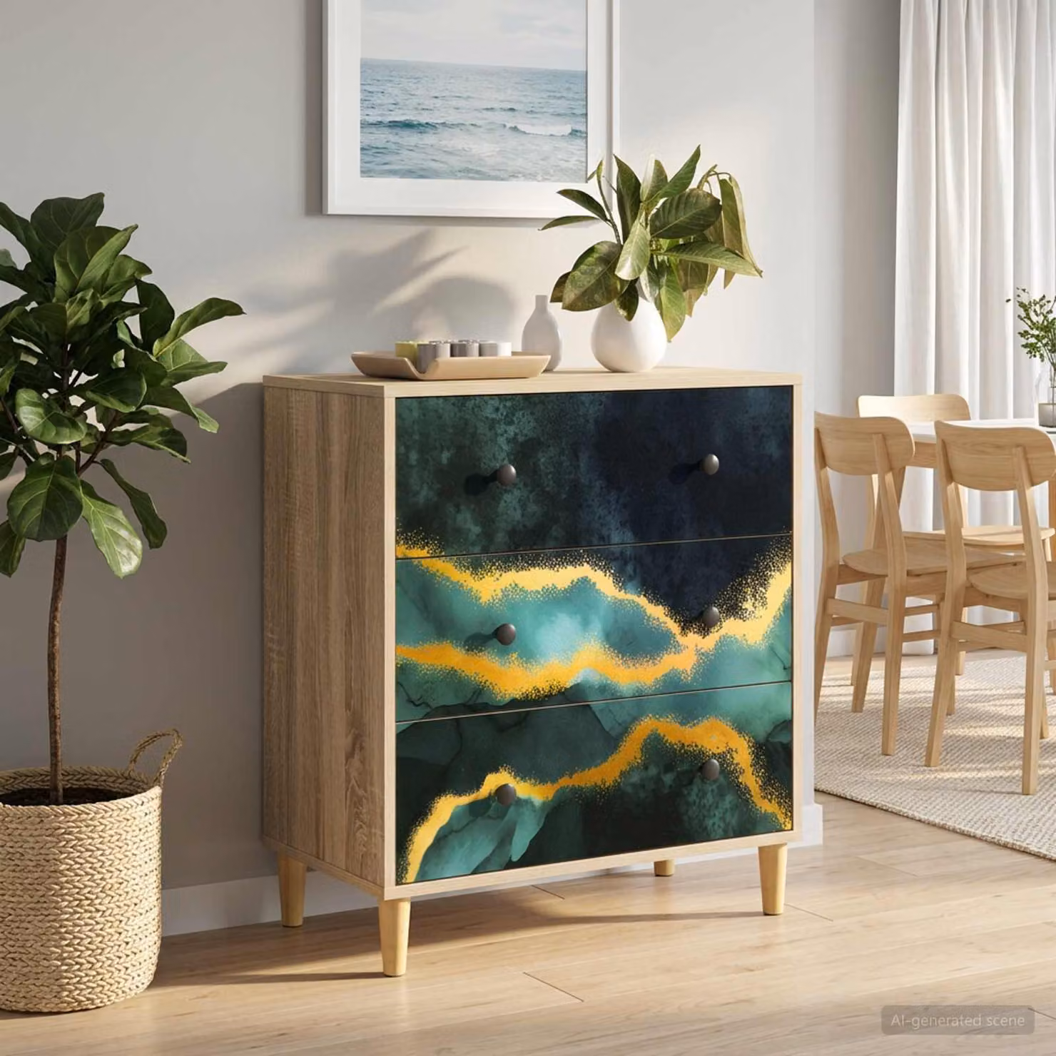 Cassettiera vidaXL WIJHE con stampa effetto marmo turchese e marrone, L 66 cm x P 36,5 cm x H 75 cm