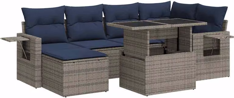 Set Divani da Giardino 7pz con Cuscini Grigio Polyrattan Acacia