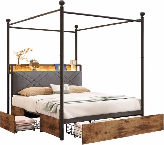 Letto matrimoniale 140x190 cm con baldacchino rimovibile; LED; USB-C e contenitore; nero