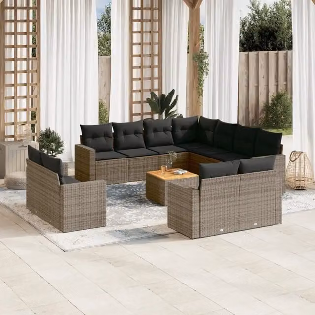 Set di divani da giardino vidaXL in polyrattan grigio con cuscini, tavolino e pouf per esterno
