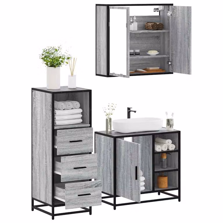 Set di mobili da bagno industrial vidaXL in 3 pezzi colore grigio con specchio, mobile lavabo e mobiletto laterale in legno, metallo e vetro