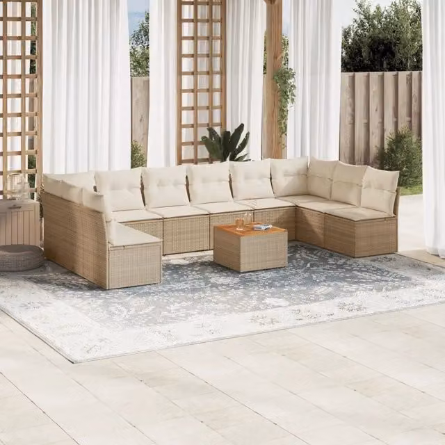 Set di divani da giardino a forma di U VIDAXL in polyrattan con cuscini beige, 11 pezzi
