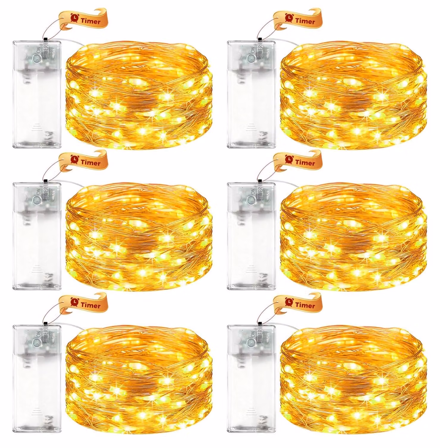 Set di 6 catene luminose a LED con timer, lunghezza 3 metri, 30 LED, luce bianco caldo