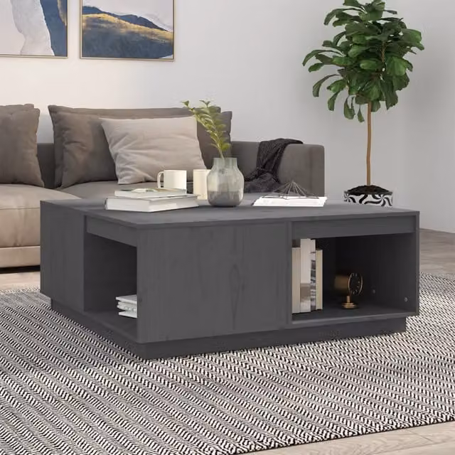 Tavolino da salotto rettangolare vidaXL in legno di pino massello grigio L: 100 cm, P: 101 cm, H: 40,5 cm – 1
