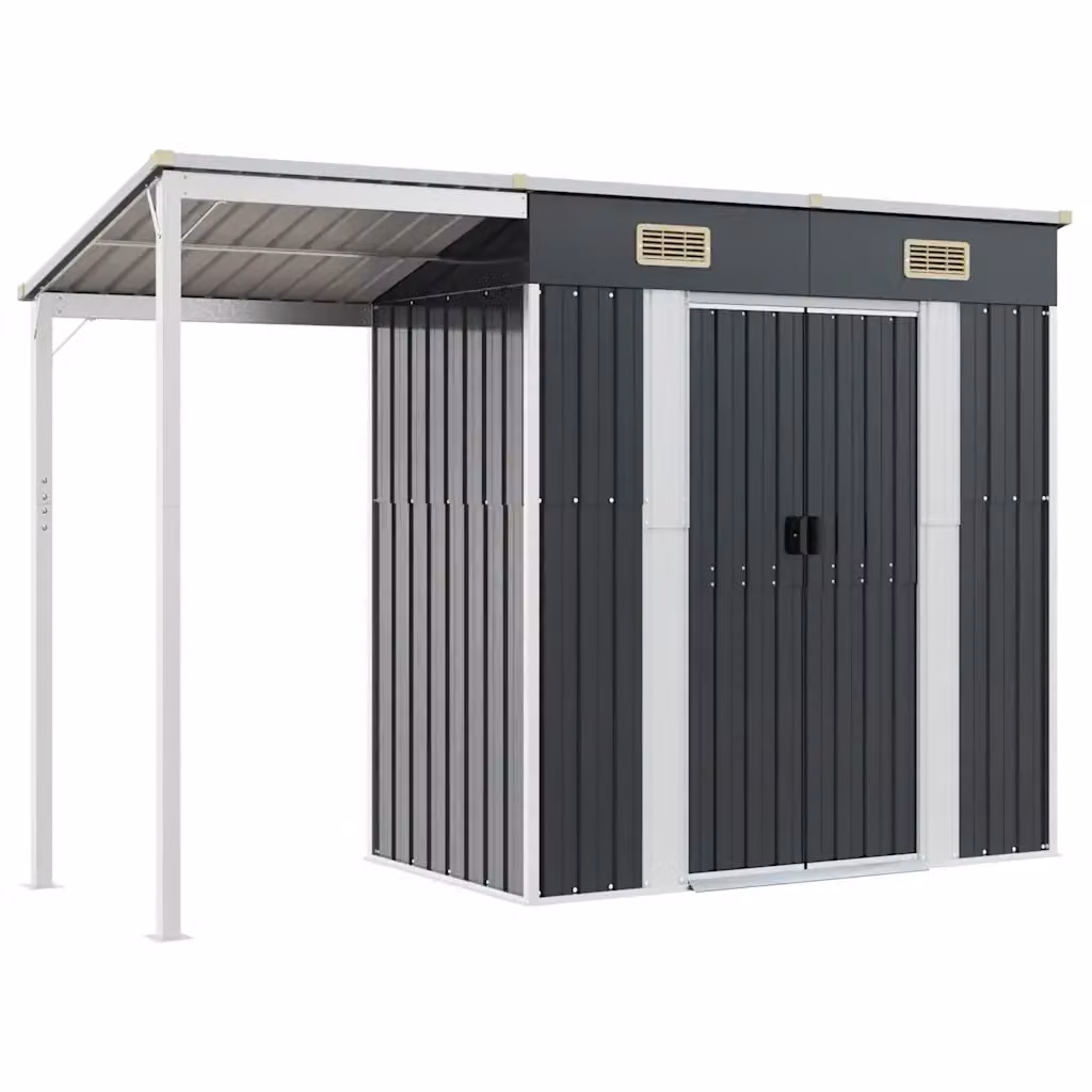 Capanno da giardino Videx in acciaio galvanizzato con tetto esteso, colore antracite, L: 277 cm, P: 107 cm, H: 181 cm – 2