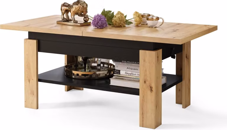 Tavolino All4All Rino, tavolino da caffè, tavolino da salotto con ripiano, tavolino da divano, allungabile fino a 170 cm, regolabile in altezza, 130x65 cm, 05, Artisan+ Nero