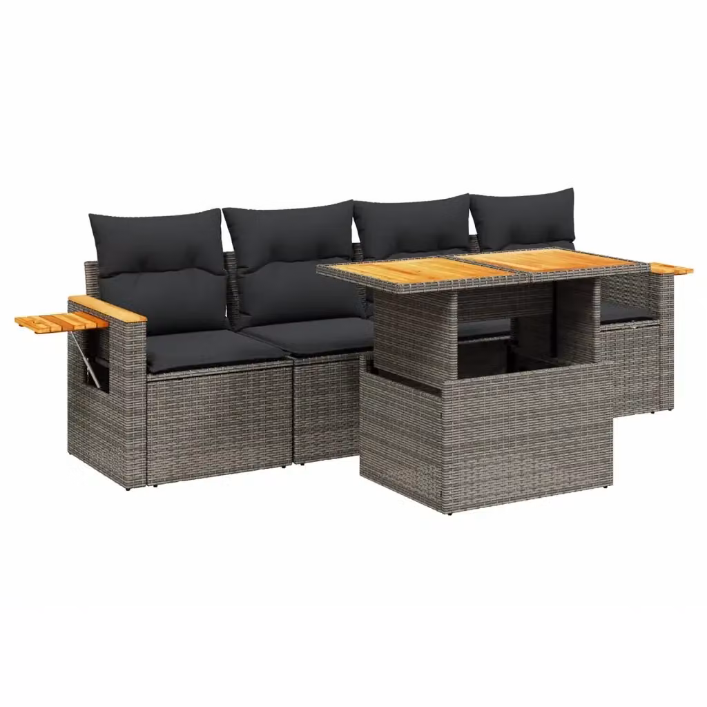 vidaXL Set Divano da Giardino 5 pz in Polyrattan Grigio con Cuscini e Tavolino da Caffè – 2