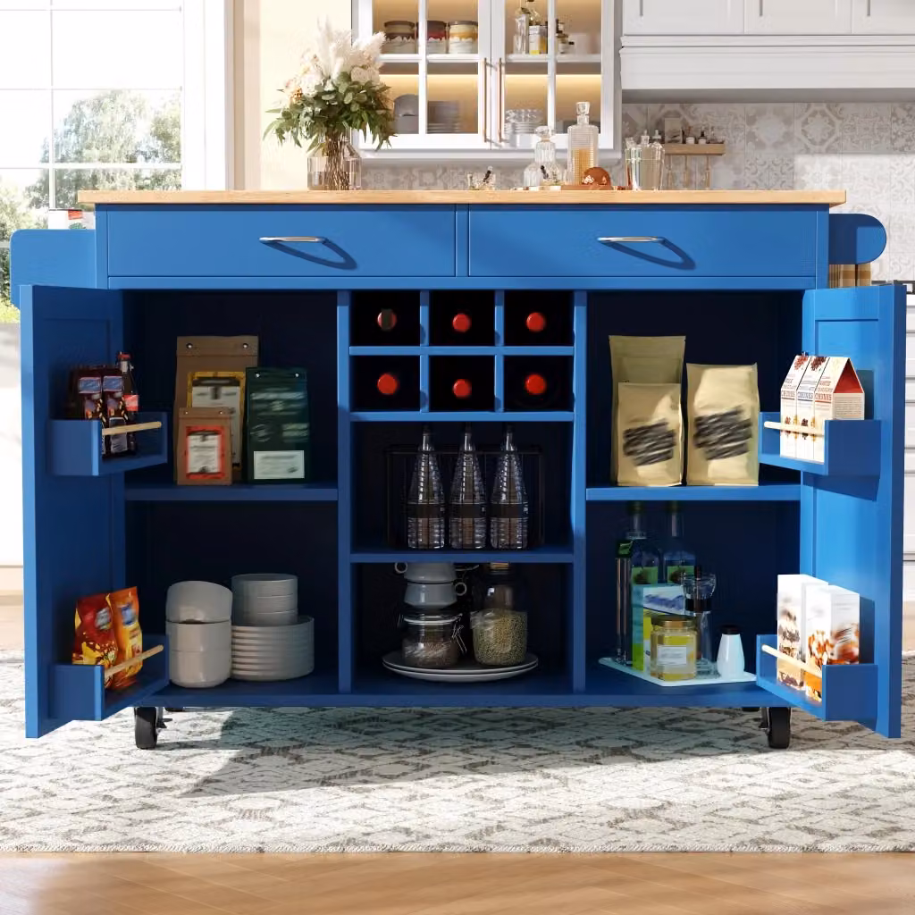 Isola da cucina moderna WISHDOR in MDF e metallo blu con ruote e ripiani regolabili L/P/H: 102 x 45 x 92 cm – 2
