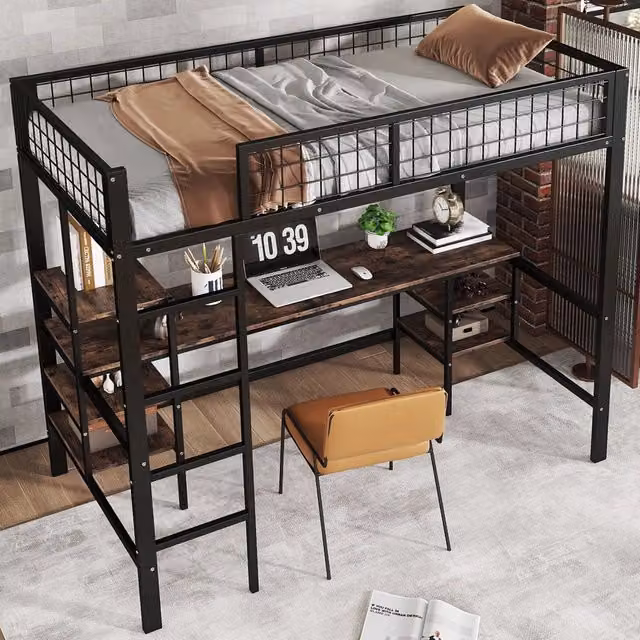 Letto a soppalco singolo MIVRAY in metallo nero e legno scuro con scrivania, ripiani e scala a 4 gradini, L/P/H: 90 x 200 x 180 cm
