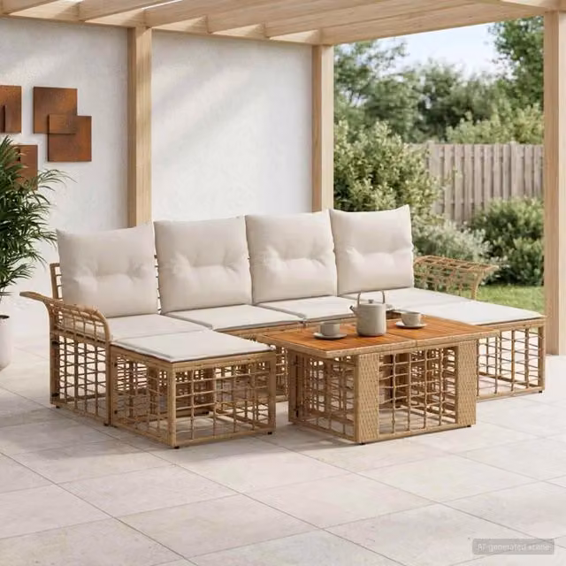 Set Divano da Giardino 7 Pezzi vidaXL in Polyrattan con Cuscini Beige e Bianco Crema – 1