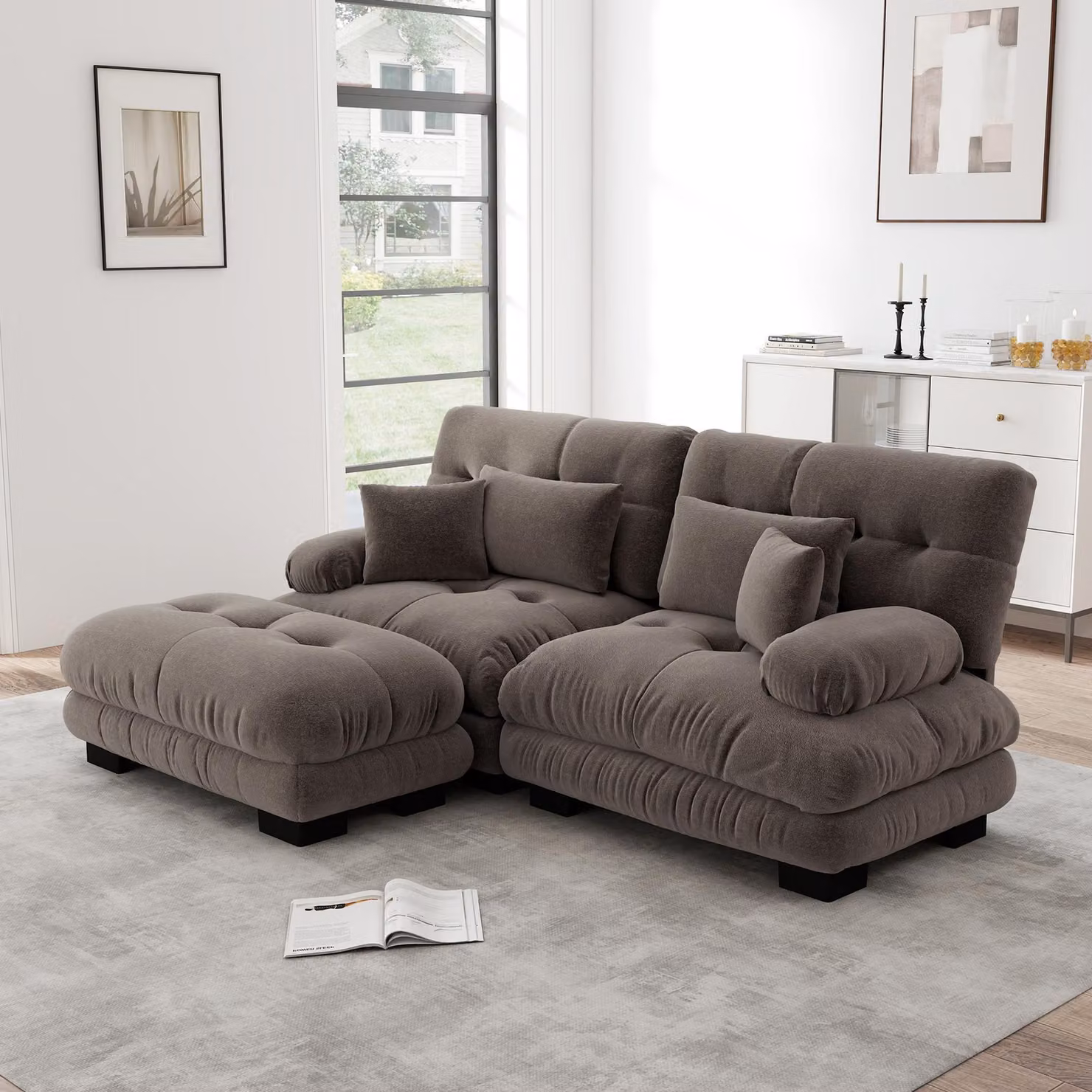 Divano angolare imbottito, tessuto in chenille, 2 cuscini lombari, 2 cuscini decorativi, braccioli ampi, poggiapiedi (marrone)