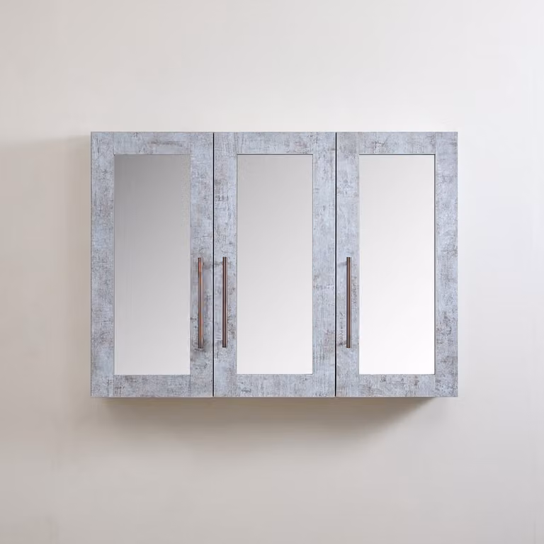 Mobiletto a Specchio da 600mm x 650mm Grigio Cemento - Completo di Maniglie con Impugnature a Dito in Bronzo Spazzolato - Cluo