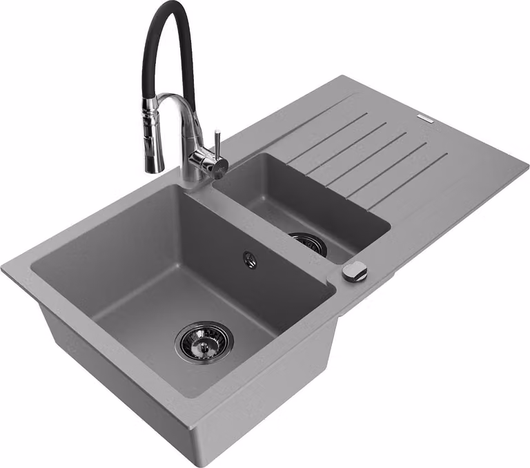 Mexen Matias lavello in granito 1,5 vasche con sgocciolatoio e miscelatore cucina Aster, grigio - 6502-71-73450-07-B