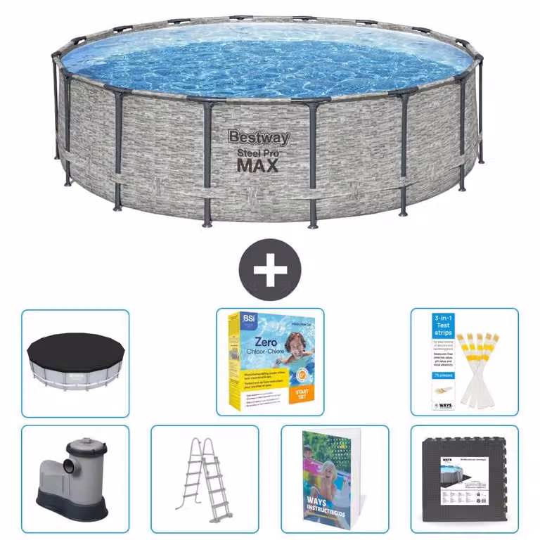 Bestway Steel Pro MAX, piscina in acciaio, forma rotonda, dimensioni 488x122 cm, composta da 6 parti, modello S607