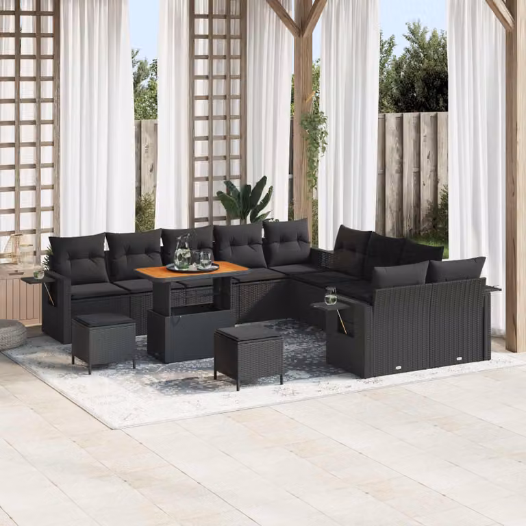 Set Divano da Giardino vidaXL 13 Pezzi a Forma di U con Cuscini e Tavolino Nero in Polyrattan e Acciaio