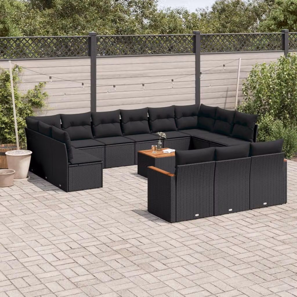 vidaXL Set Divani da Giardino a Forma di U in Polyrattan Nero con Cuscini e Tavolino da Caffè – 1