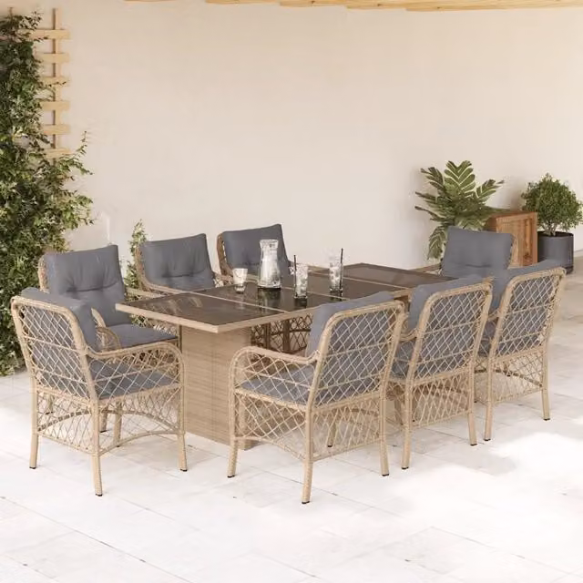 Set da pranzo da giardino vidaXL in polyrattan con piano in vetro e cuscini beige e bianchi, 9 pezzi
