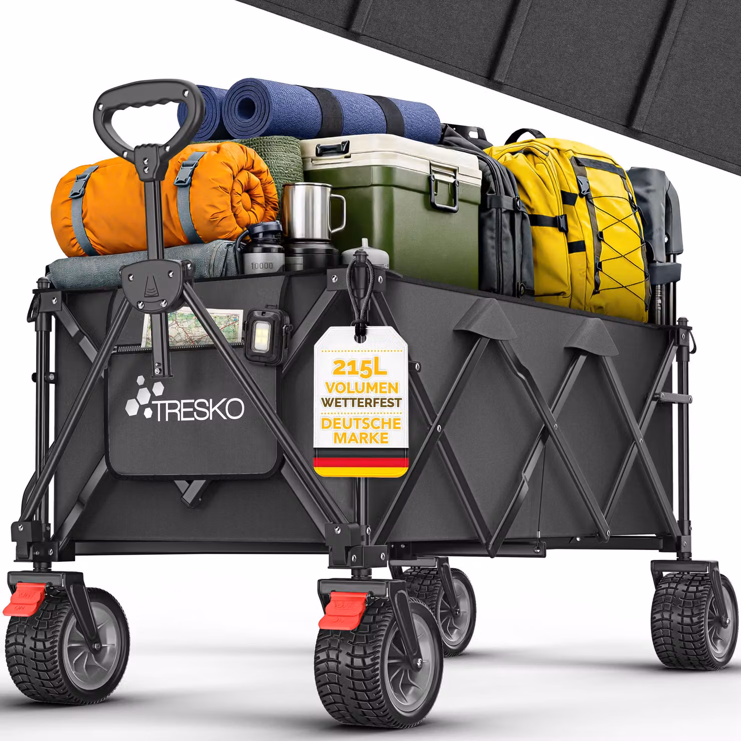 Carrello pieghevole TRESKO® da 215 litri con freno | Carrello pieghevole da 150 kg con ruote in gomma piena | Carrello da spiaggia pieghevole con ruote fuoristrada extra larghe | Carrello da trasporto con borsa per il trasporto