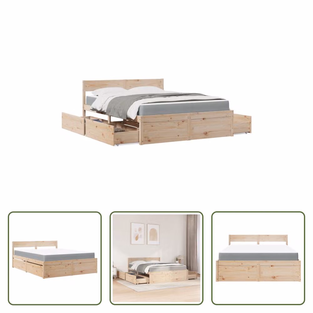 The Living Store Letto con cassetti e materasso 140x200 cm in legno di pino massiccio
