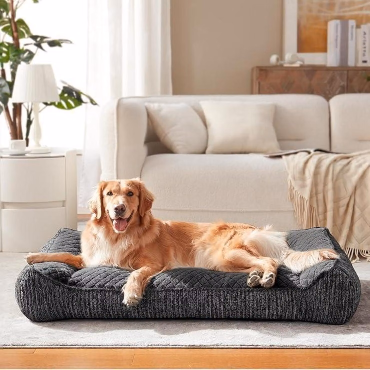 Cuccia ortopedica per cani di grossa taglia, lavabile, con rivestimento removibile, antiscivolo, con bordo rialzato, in pile con motivo a fiocchi di neve, colore grigio, dimensioni 122x89x25 cm