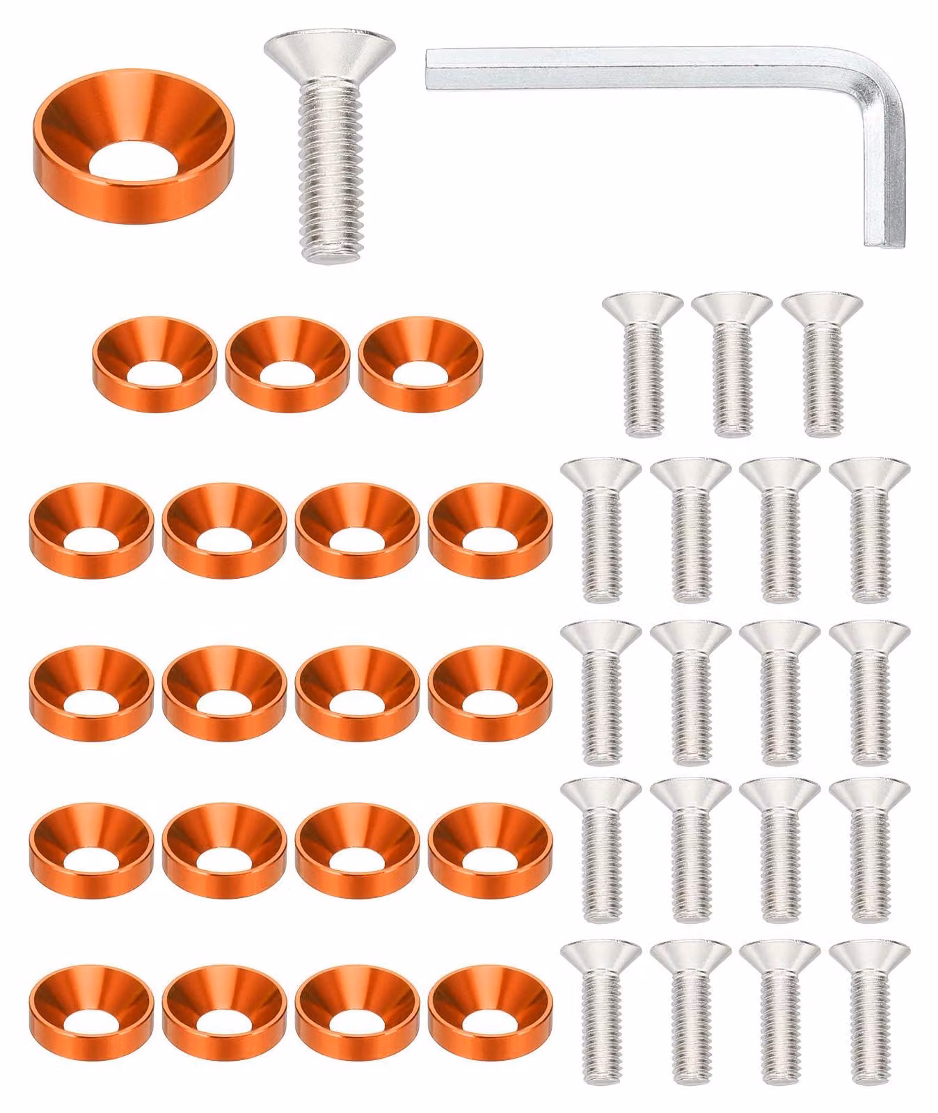 Set di 30 viti a testa bombata M6 e rondelle, colore arancione, in alluminio