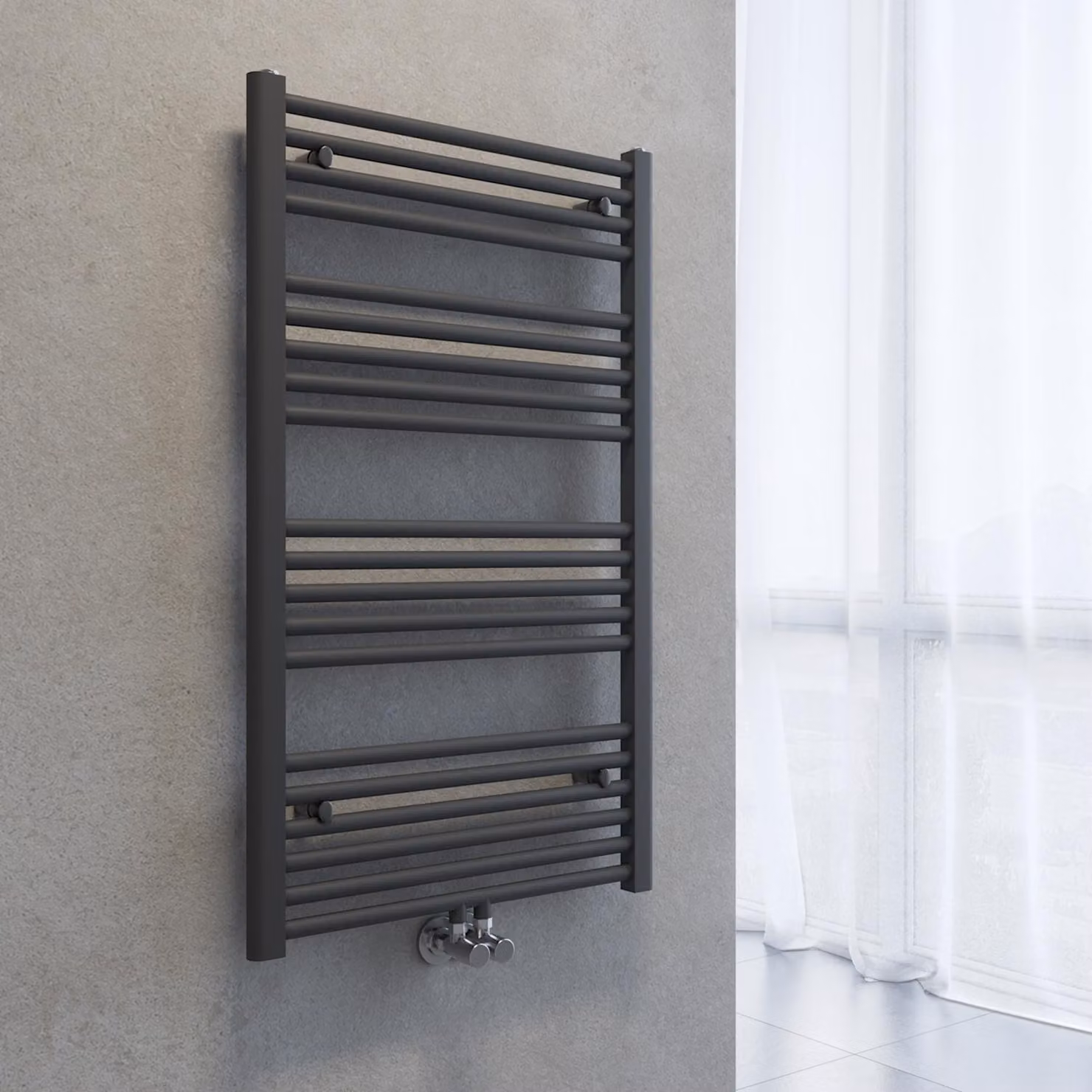 Radiatore asciuga-asciugamani SONNI, dimensioni 1000 x 600 mm, colore grigio antracite, sistema di riscaldamento ad acqua calda, senza resistenza elettrica