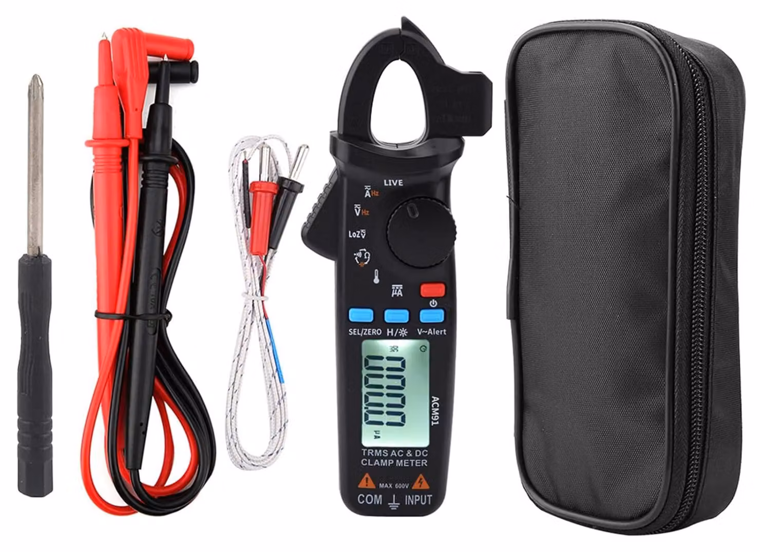 Multimetro a pinza amperometrica AC/DC, risoluzione 1mA, fino a 100A, display dual, per misurazioni elettriche