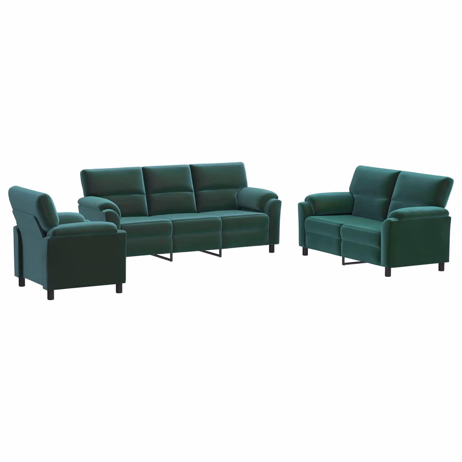 Set di 3 divani moderni vidaXL in velluto verde scuro con struttura in metallo e cuscini inclusi
