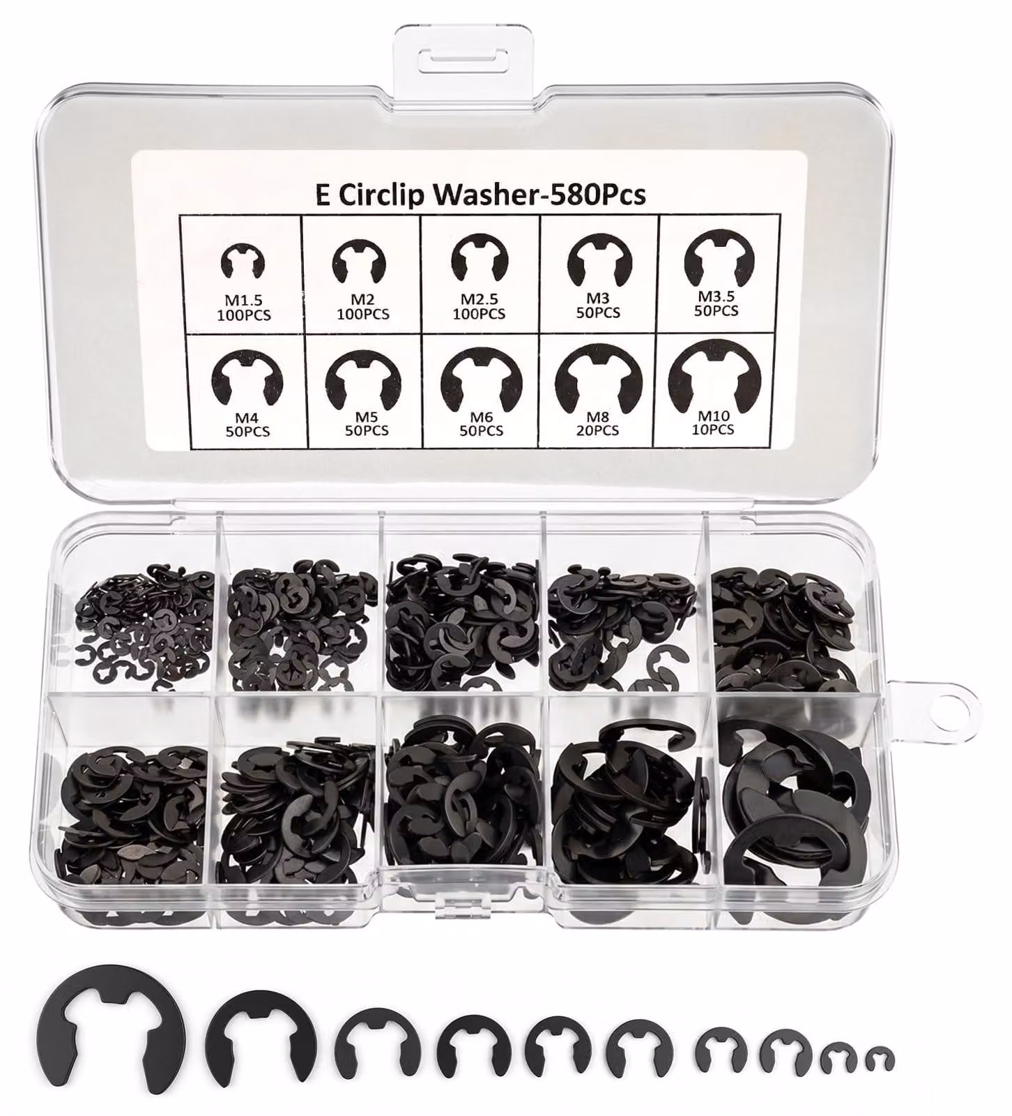 580 Set di rondelle di sicurezza, clip a U, clip a C, rondelle di bloccaggio, 10 misure, colore nero