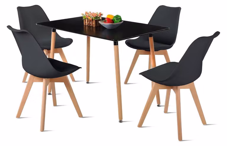 Set tavolo da pranzo con 1 tavolo e 4 sedie, design nordico, forma rettangolare, colore bianco/nero, materiali: MDF e legno di faggio