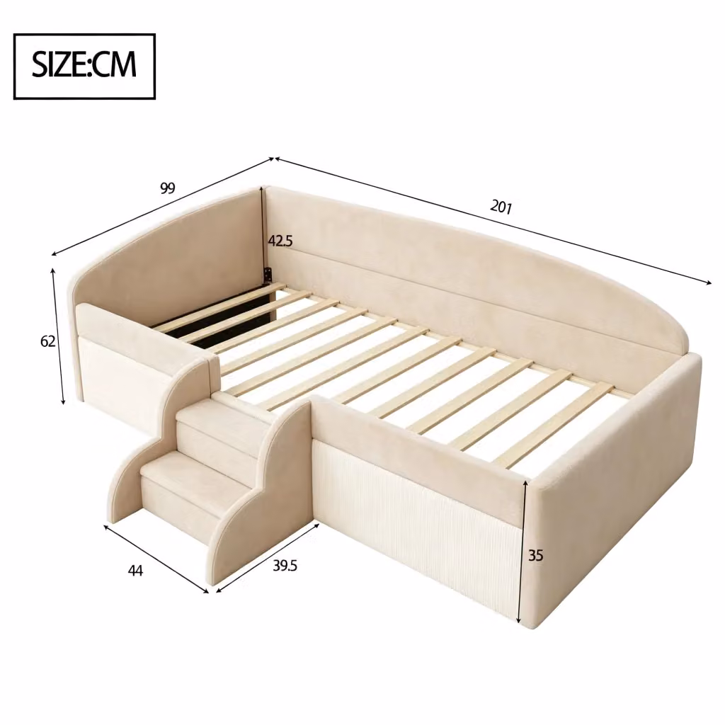 Letto per bambini REDOM in velluto beige con struttura imbottita L/P/H: 190 x 90 cm – 2