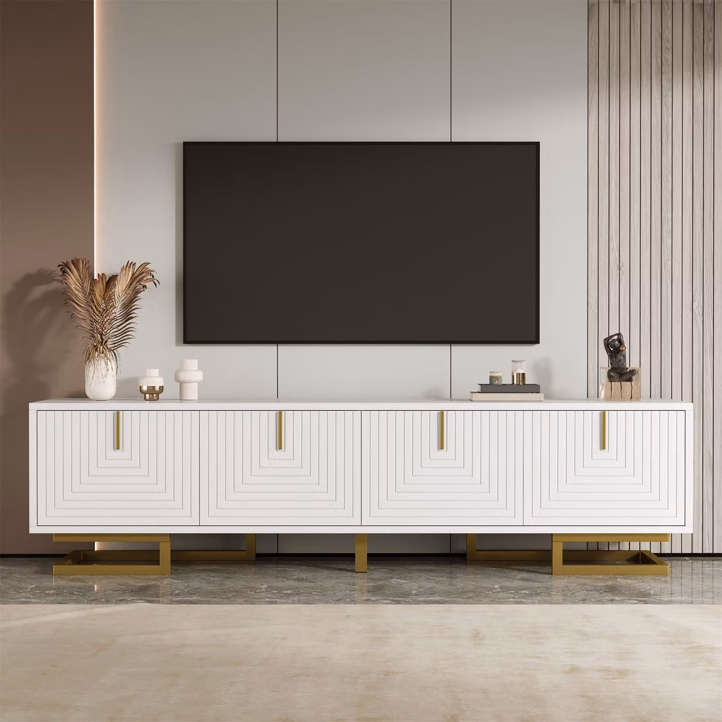 Mobile TV moderno GL Store Bianco con maniglie e gambe dorate, L: 160 cm, P: 38 cm, H: 44,5 cm – 2