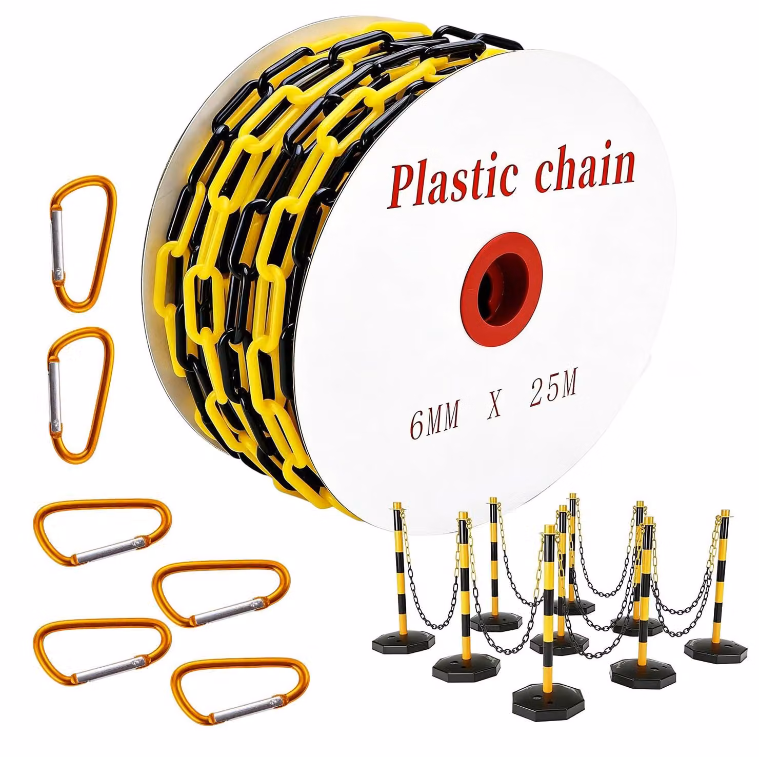 Catena di delimitazione in plastica, 25 metri, giallo/nero, diametro 6 mm, con 6 ganci a uncino