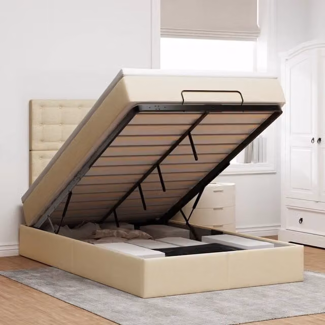 Letto con contenitore a sollevamento e base con illuminazione sottostante e porte USB vidaXL, Colore Beige e Bianco, L 120 x P 200 cm