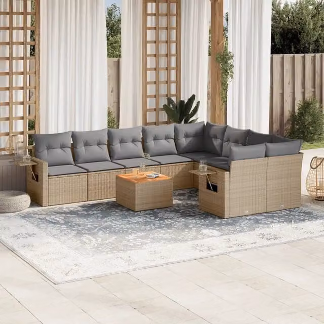 Set Divano da Giardino Moderno VIDAXL in Polyrattan Beige con 10 Pezzi e Cuscini – 1