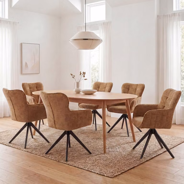 Set di 6 sedie da pranzo modello MCW-Q35, con braccioli, girevoli e con sistema di ritorno automatico, rivestite in tessuto chenille (680g/m²), struttura in metallo, colore giallo senape