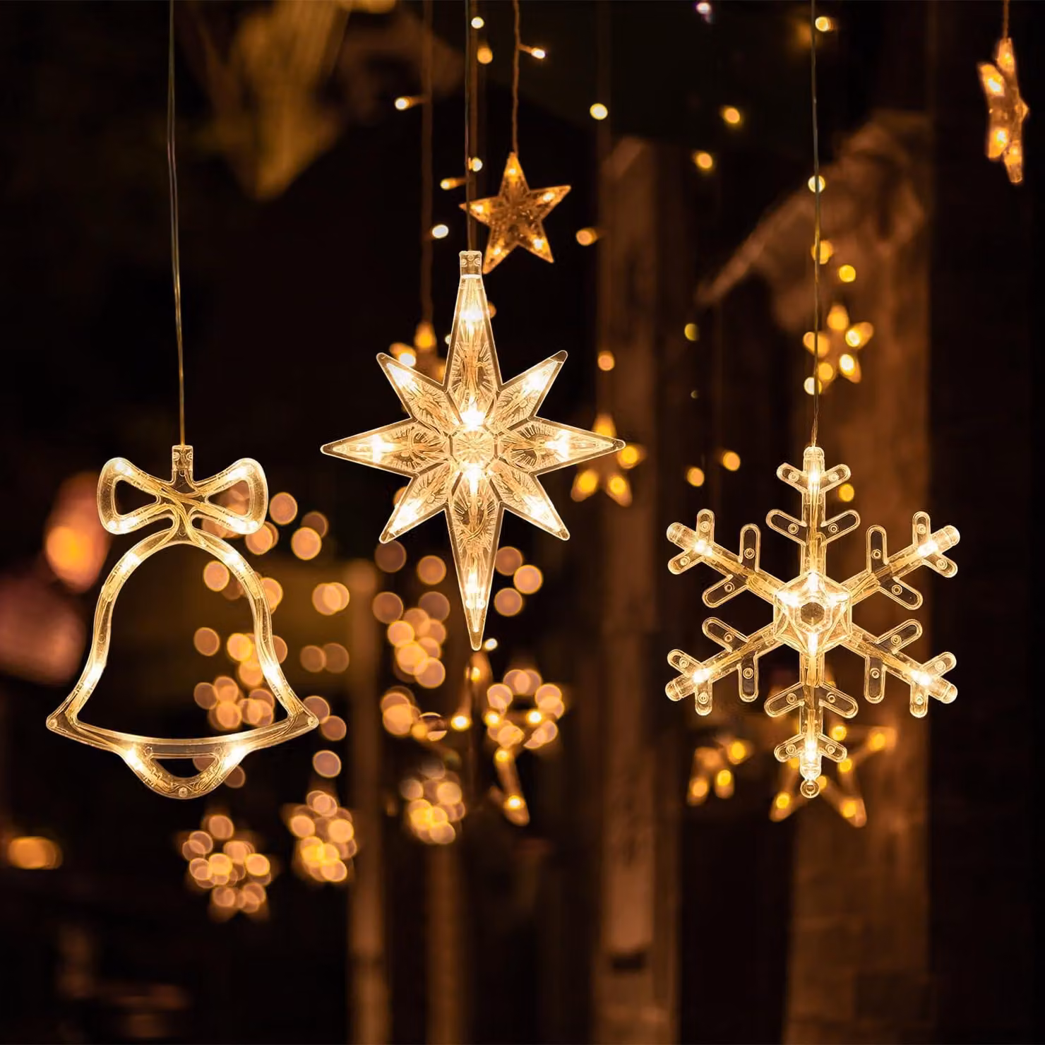 Set di 3 luci decorative a LED per finestre: stelle, fiocchi di neve, campana