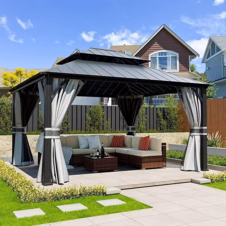 Gazebo da giardino, dimensioni 3,65 x 4,25 m, impermeabile, stabile, con copertura rigida a doppio strato, in alluminio grigio