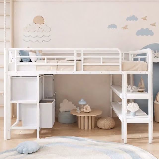 Letto a soppalco basso per bambini 90x200 cm in metallo bianco con scale e contenitori