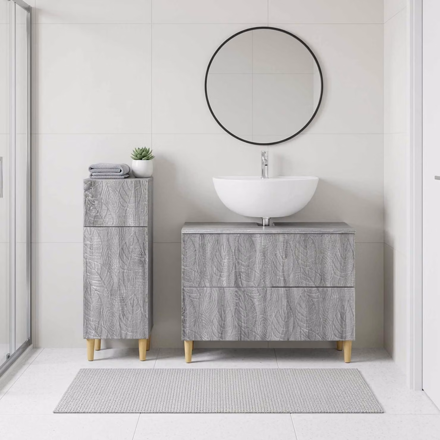 Set di mobili da bagno moderni vidaXL DELFT composto da 2 pezzi in legno grigio con ante a cerniera e ripiani interni L/P/H: 82 x 34,7 x 41 cm