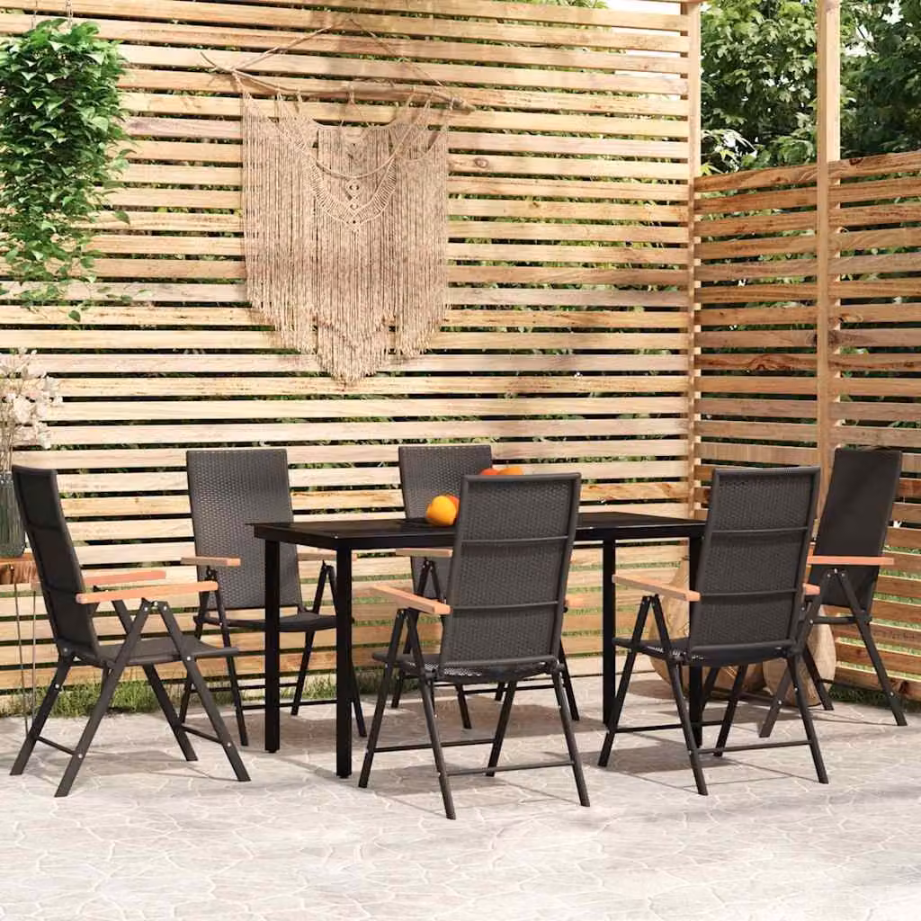 Set da Pranzo da Giardino Moderno vidaXL in Acciaio Verniciato Nero e Vetro, 7 Pezzi