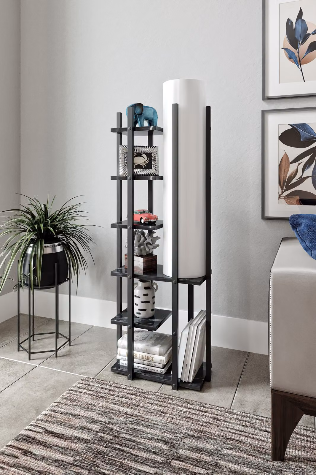 Opviq, lampada da terra moderna, bianco e nero, altezza 135 cm | Pannello truciolare, profilo in MDF, cappuccio in PVC | Attacco E27, max. 40 W | Design elegante per ogni ambiente, certificata CE.