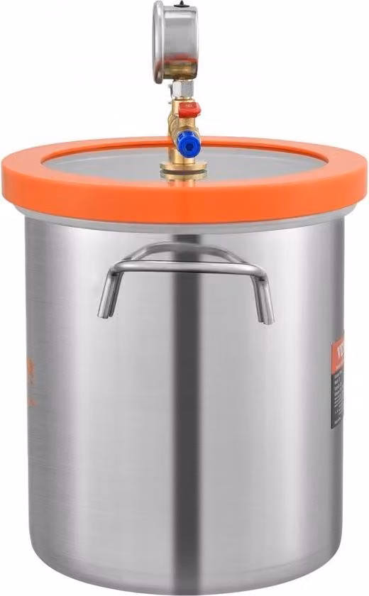 camera da vuoto in acciaio inox da 19 litri (diametro 28 cm, altezza 30 cm) con pompa per vuoto. Ideale per stabilizzare il legno e degassare silicone, resina e poliuretano.