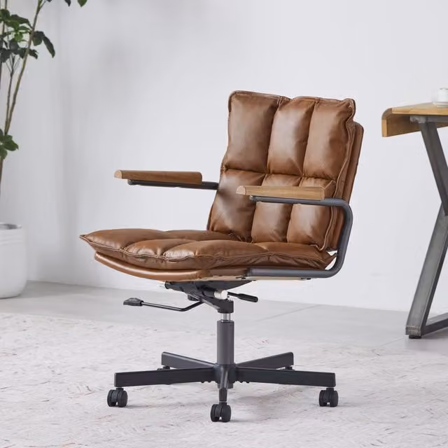 Sedia da ufficio ergonomica WISHDOR in ecopelle marrone con braccioli e rotazione a 360 gradi in stile mid-century