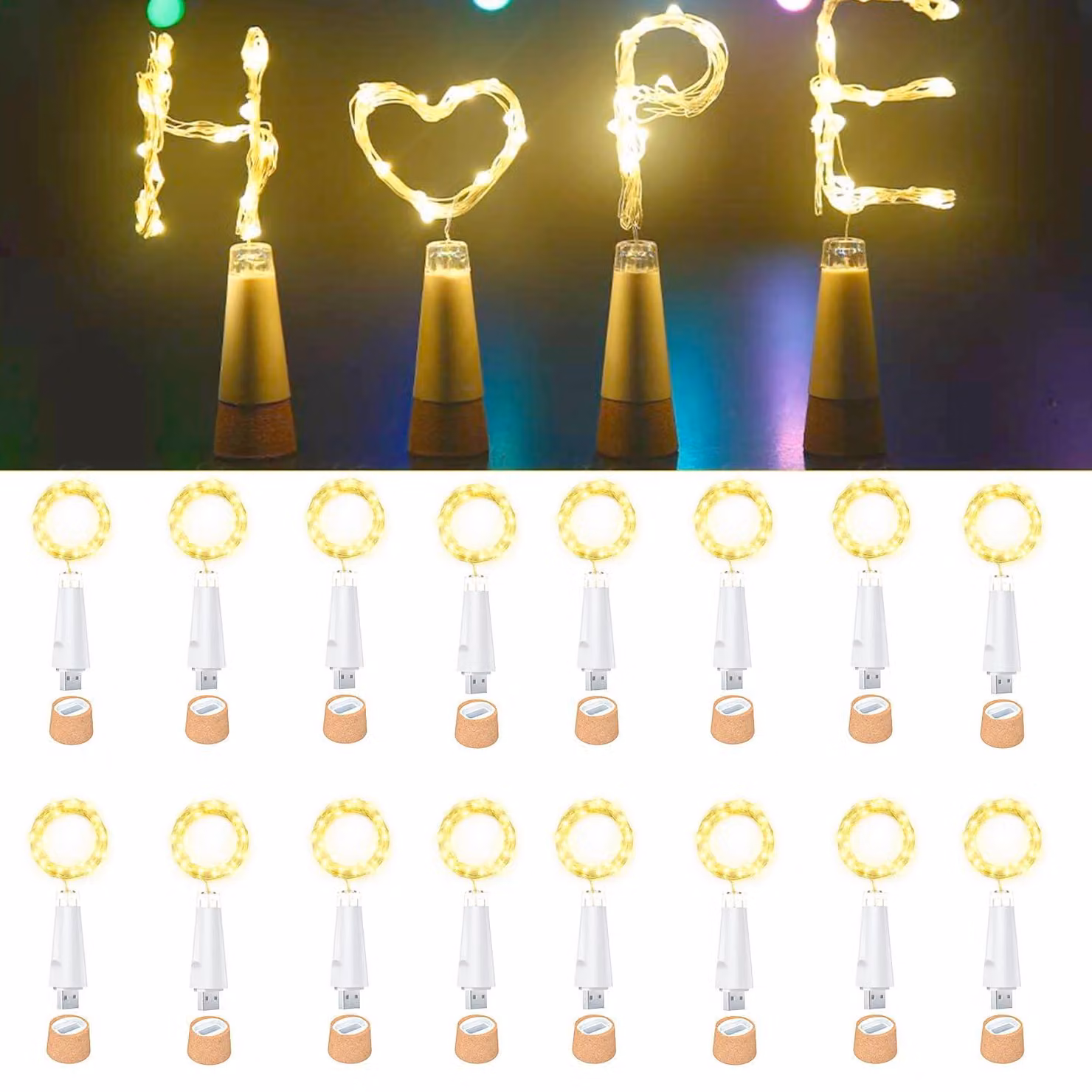 Illuminazione a LED per bottiglie, 20 LED bianco caldo, cavo da 2 metri, confezione da 16 pezzi